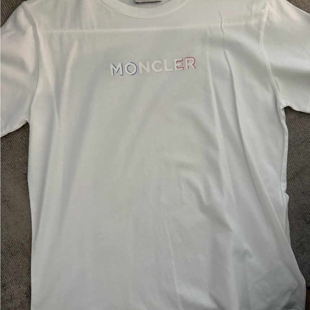Moncler Kids White Tee with red white and blue logo size 14
